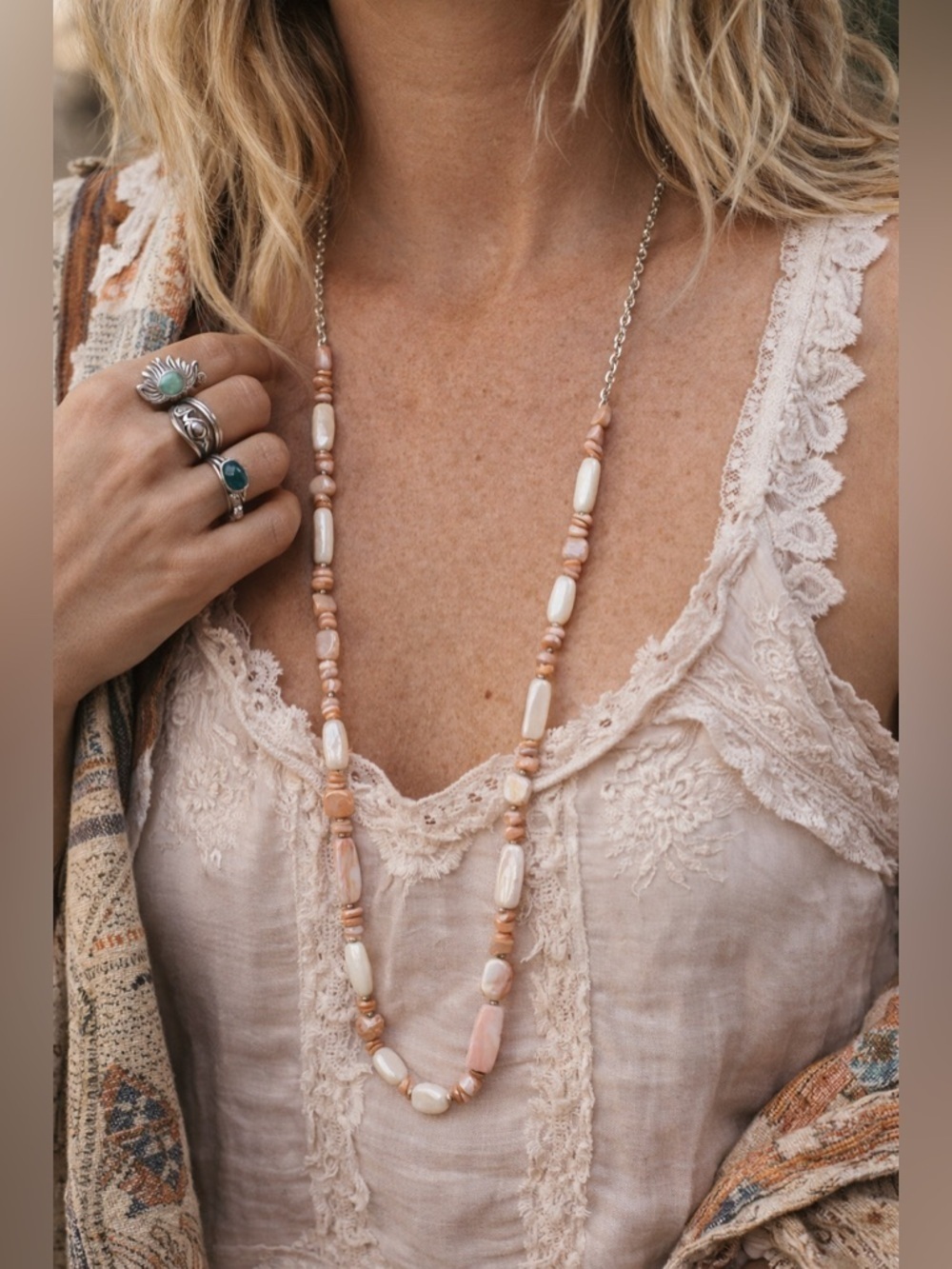 Peyote Bird Free Spirit Necklace Mother of Pearl Agate Beaded Silver Tone Chain